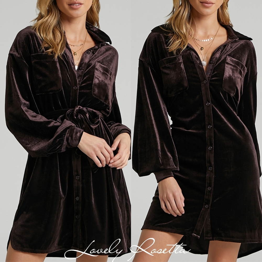 Velvet Button-Down Dress in Brown